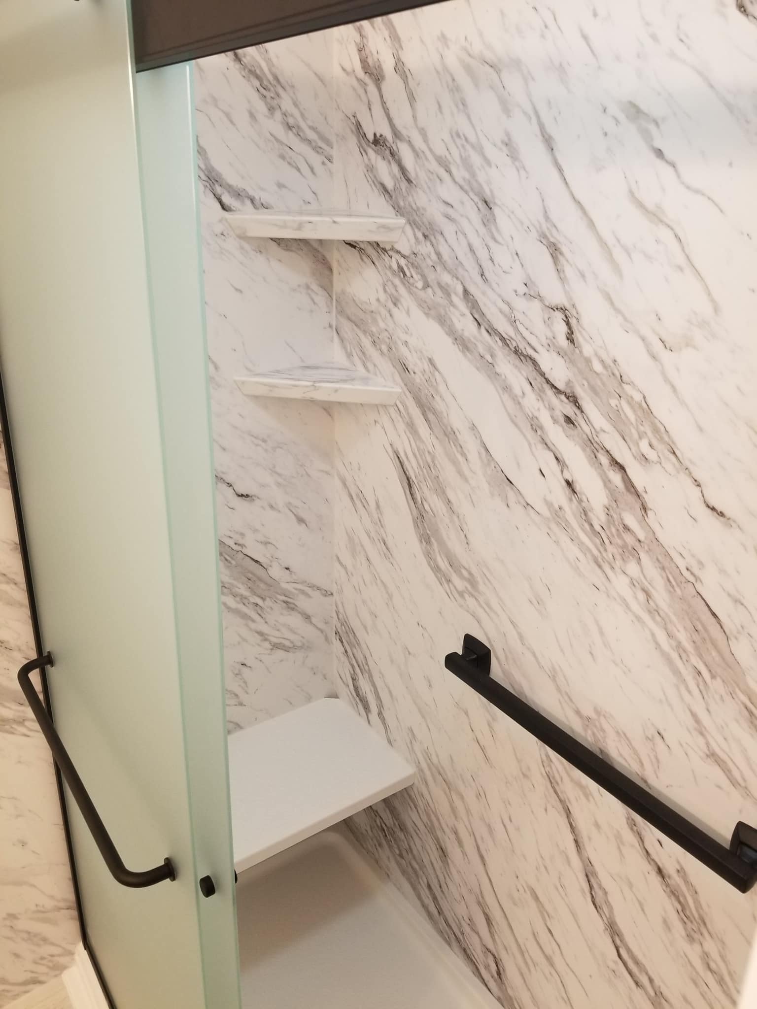 BATHROOM REMODELING NEAR ME DAYTON OHIO Venatino Marble Wall System Seat and Shelves